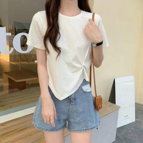Женская футболка с нерегулярным подолом, сплошной цвет, декор с узлом, круглая шея, короткая