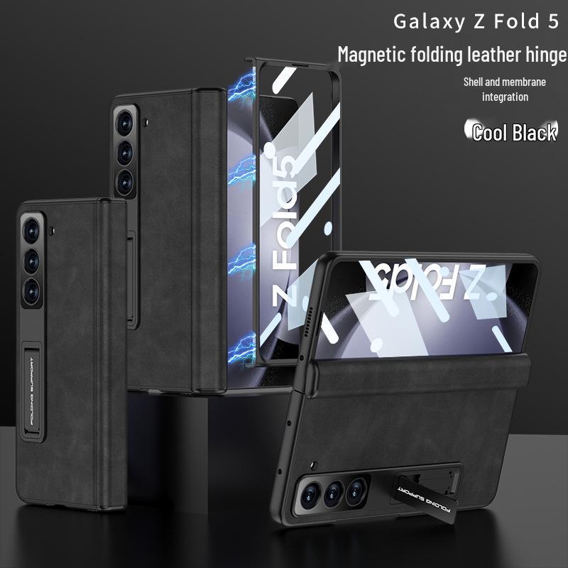 Кожаный чехол для Samsung Z Fold5: Магнитный шарнир, Полное покрытие, Подставка, Защита от пересечения границ