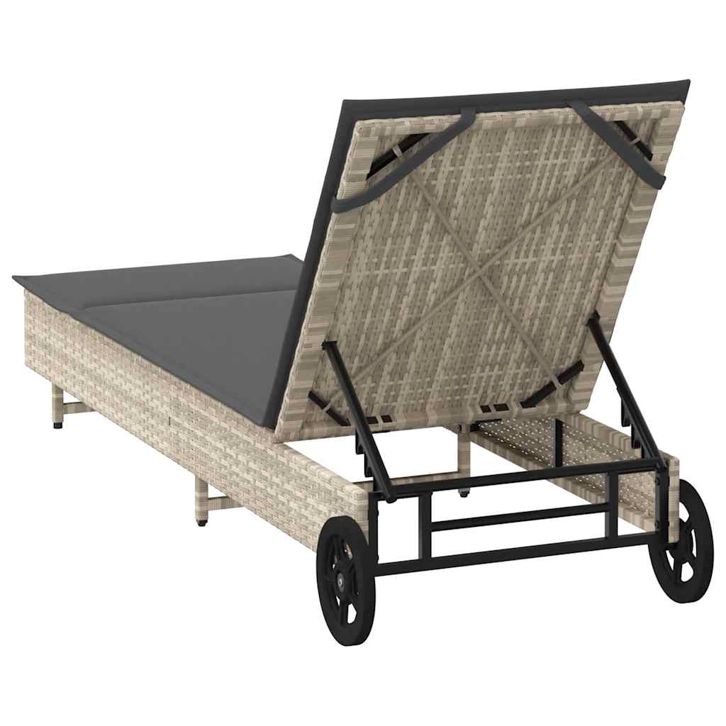 Sun Lounger with Wheels and Cushion Light Grey Poly Rattan