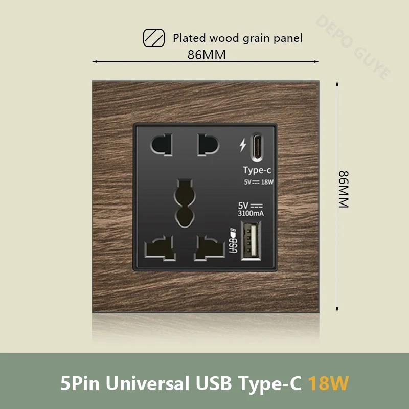 Двойная розетка UK 18W Type-C с функцией быстрой зарядки, универсальная электрическая розетка USB в стиле ретро с отделкой под дерево, электрический настенный выключатель света 220 В
