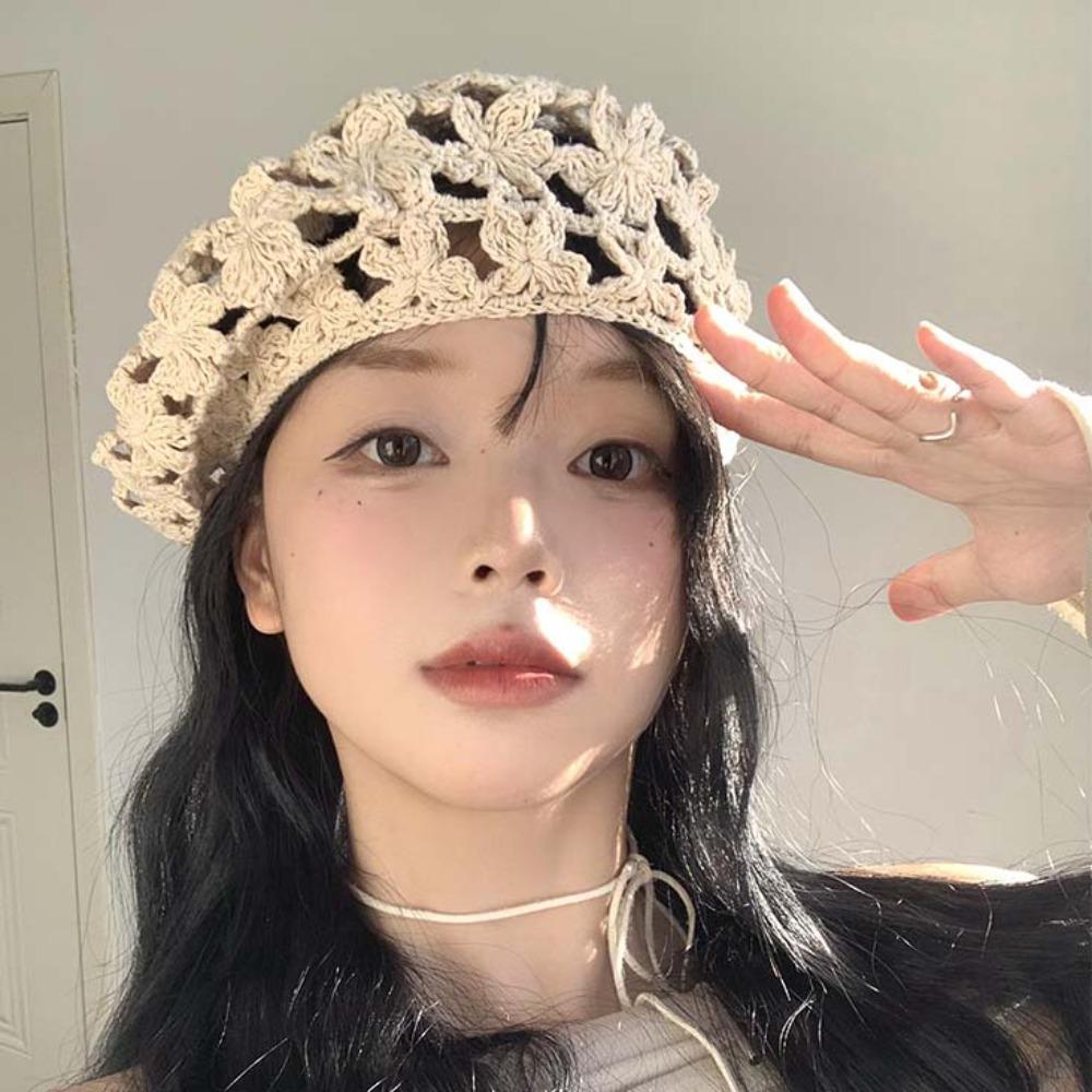 Linen Hollowed Out Beret Hat Cotton Spring Crochet Knitted Cap Lace Hollow Flower Hat  Beach