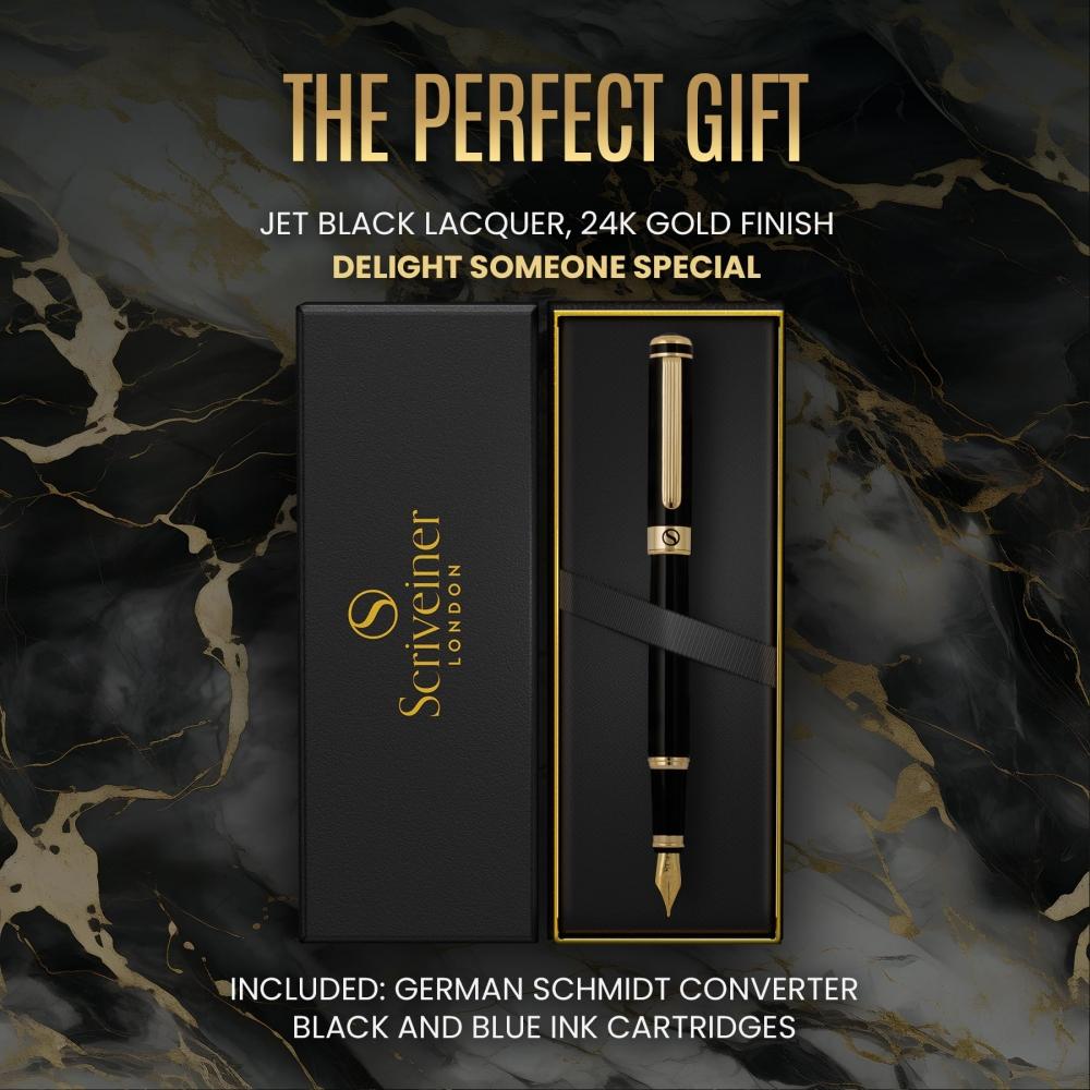 Black Lacquer Fountain Pen by Scriveiner. - Luxury Fountain Pen with 24K Gold Finish of Attractive Beauty, Schmidt 18K Gold Plated Nib (wide), Elegant