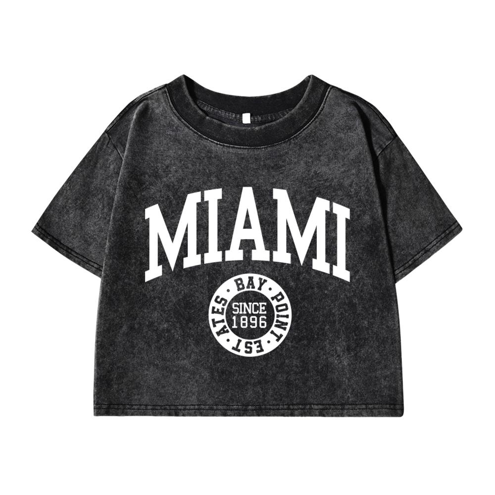 Women'S Cotton Washed T-Shirts Summer Distressed Regular Fit Crop Tops Miami, Usa Printing Short Sleeve Female Clothes