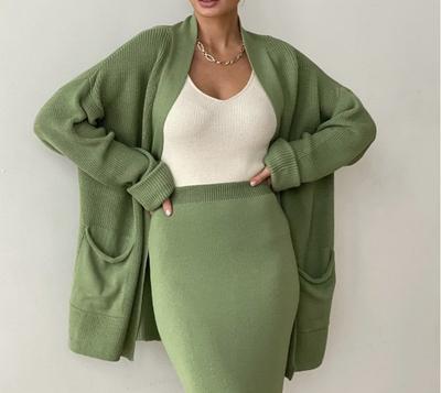 Women's Sweater Set Fall Winter New Open Front Cardigan with Belt High Waist Knit Skirt Two Piece Outfit