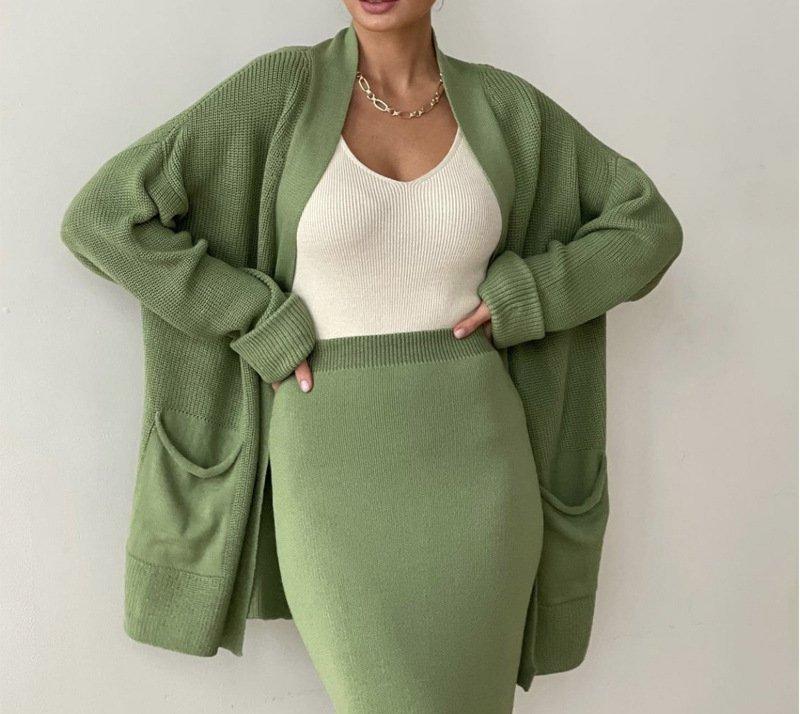 Women's Sweater Set Fall Winter New Open Front Cardigan with Belt High Waist Knit Skirt Two Piece Outfit