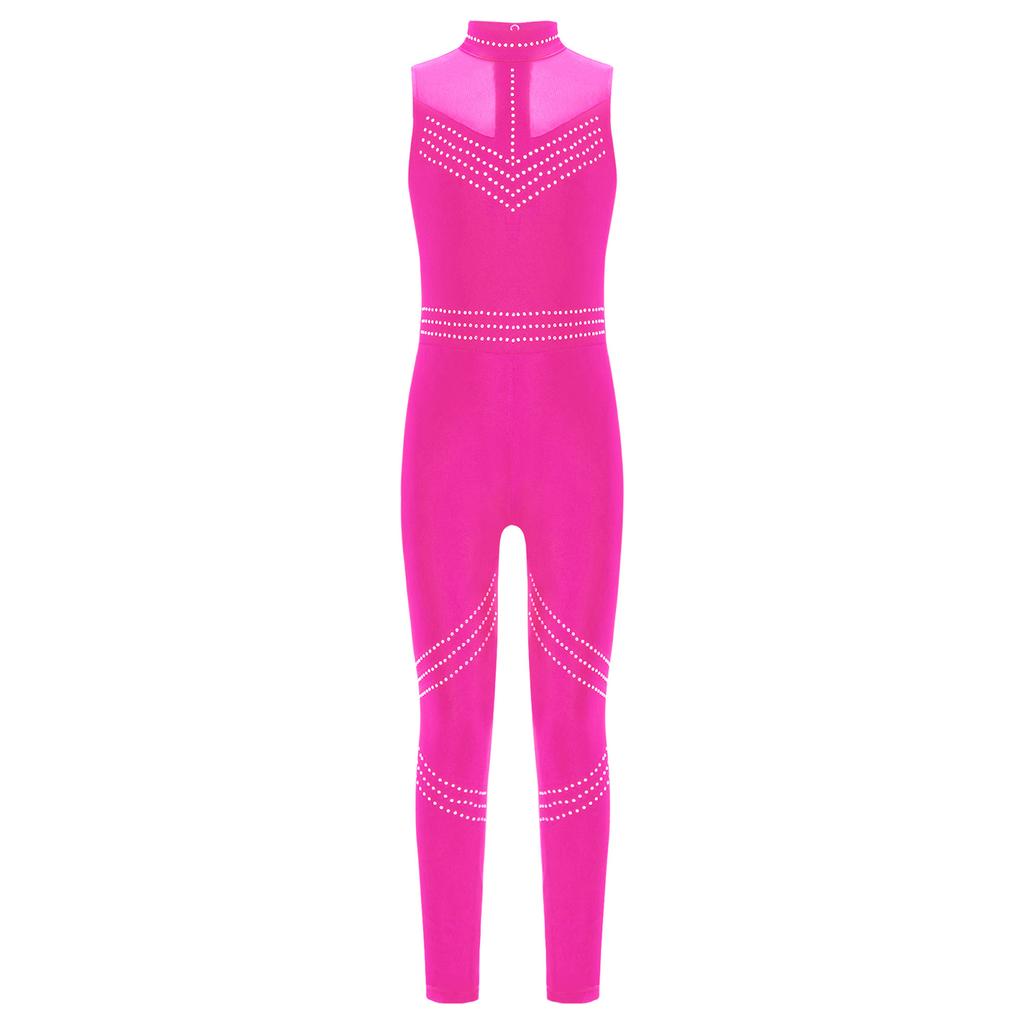 Girls Sleeveless Mesh Patchwork Jumpsuit Full Body Shiny Rhinestone Leotard for Figure Skating and Dance