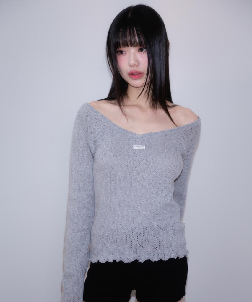 ROSEFRANTZ Lace Label V-Neck Long Sleeve [Gray]