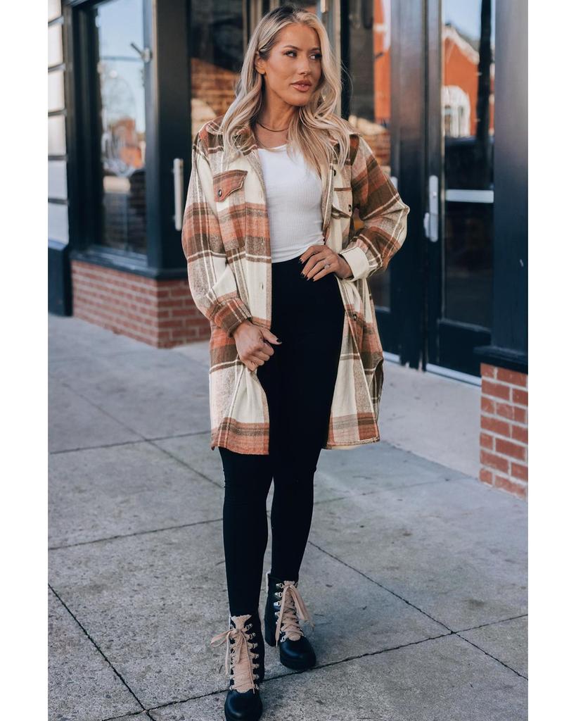 Azura Exchange Plaid Print Flap Pockets Long Shacket