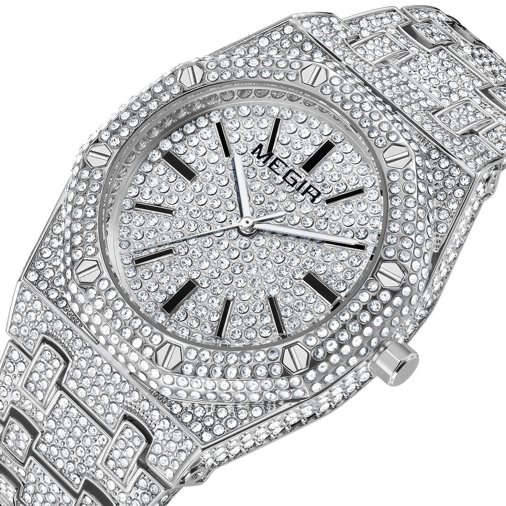 Megir Роскошные мужские часы с бриллиантами, кварцевые наручные часы с браслетом из нержавеющей стали, водонепроницаемые мужские часы, деловые часы Relogio Masculino 1091