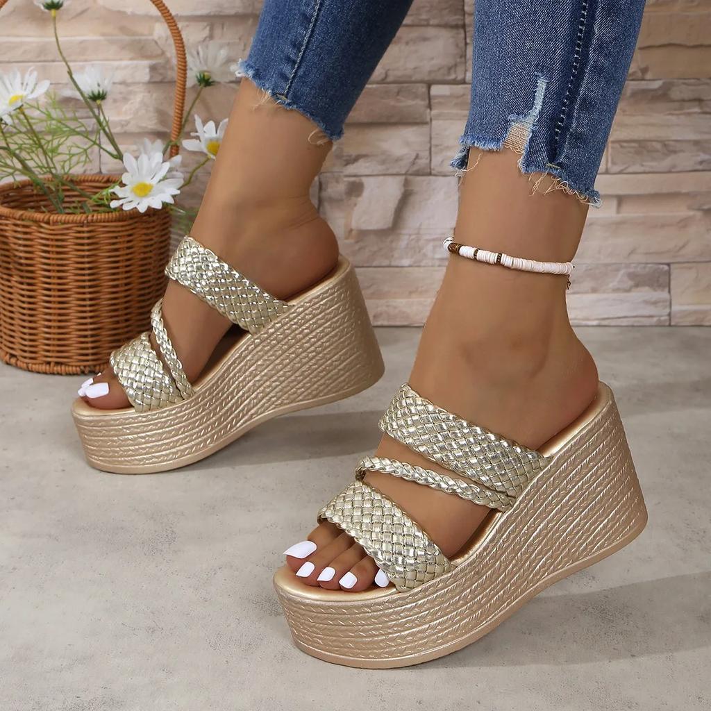 Fashion Hot - Selling Chunky Wedge Sandals | Gold Braided Straps Slides for Daily & Vacation Looks