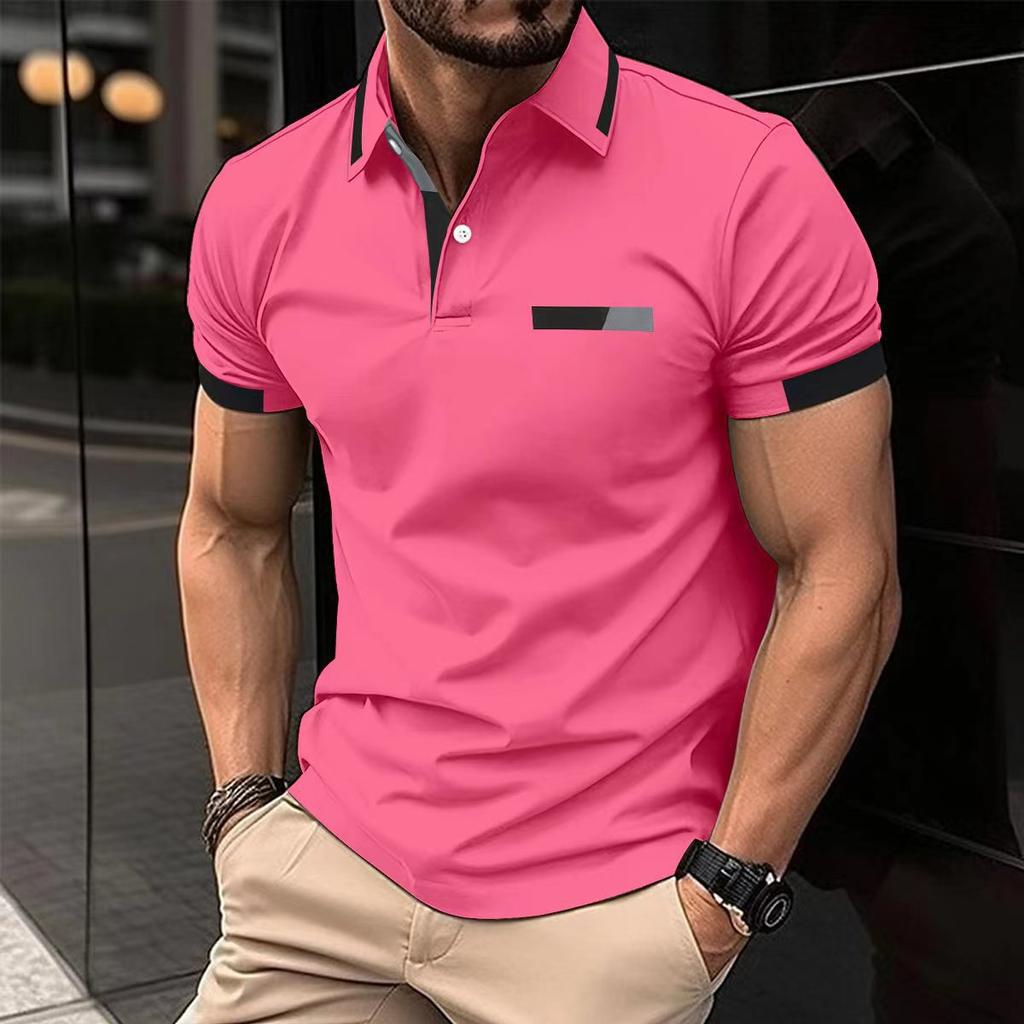 New Men's Casual POLO Shirt Chest False Pockets Lapel Buttons Business T-shirt Tops Male
