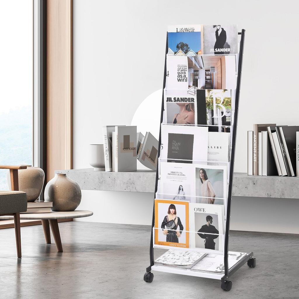 Brochure Display Rack 6-Tier Magazine Literature Display Stand 4 Wheels