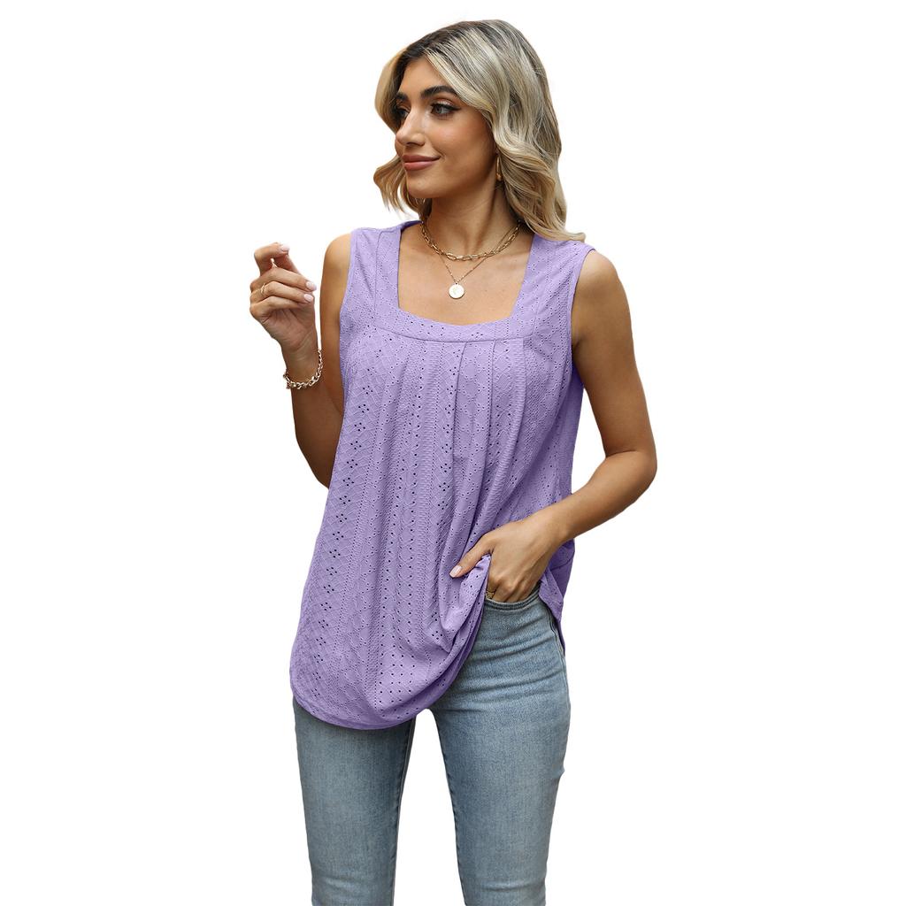 Полая однотонная футболка без рукавов для женщин, летние топы на бретелях с квадратным вырезом и свободной талией для работы, отдыха, мягкая удобная футболка, дышащий пуловер, топ