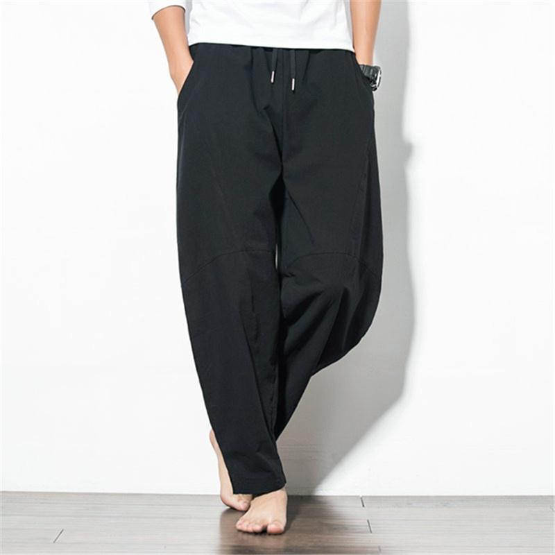Summer Autumn Men's Fashion Trousers Elastic Waist Cotton Wide Leg Loose Harem Vintage Long Pants