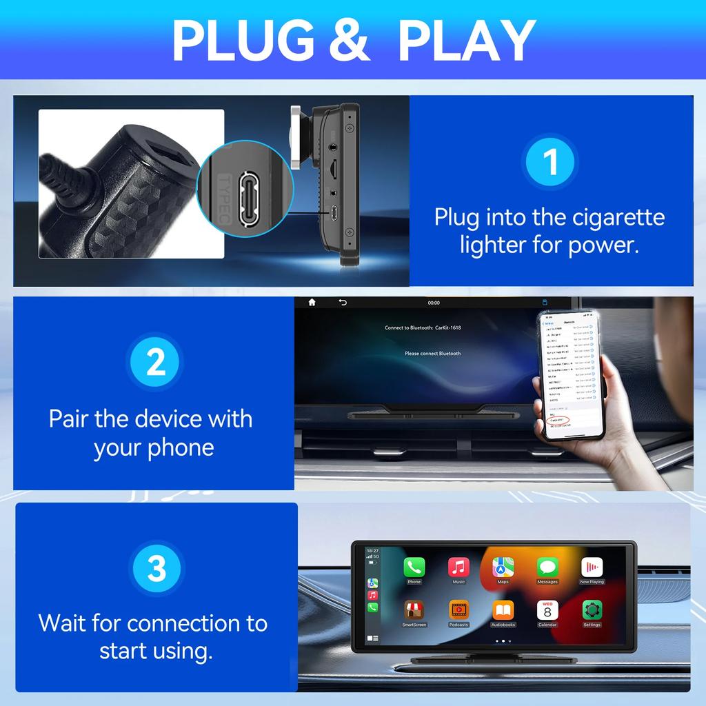 Portable Car Screen High Definition 10Inch Wireless Carplay Android Auto Touch Display with AR Audio and GPS Navigation System