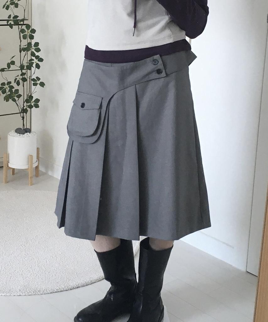 Place Studio Essential Button Pocket Belted Layered Asymmetrical Pleated Midi Skirt _3 Colors