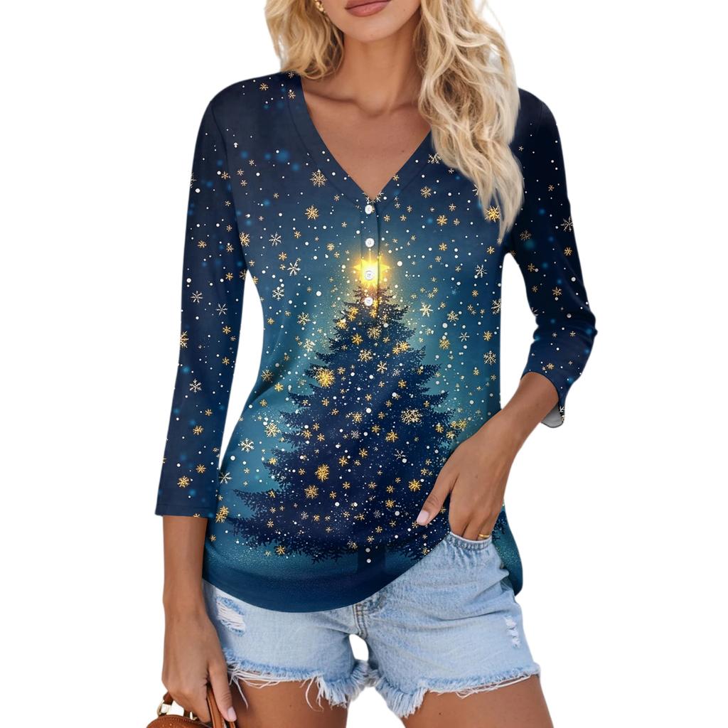 Women's Casual Fashion Sexy Comfortable Christmas Print V-Neck Button Three-quarter Sleeve Top