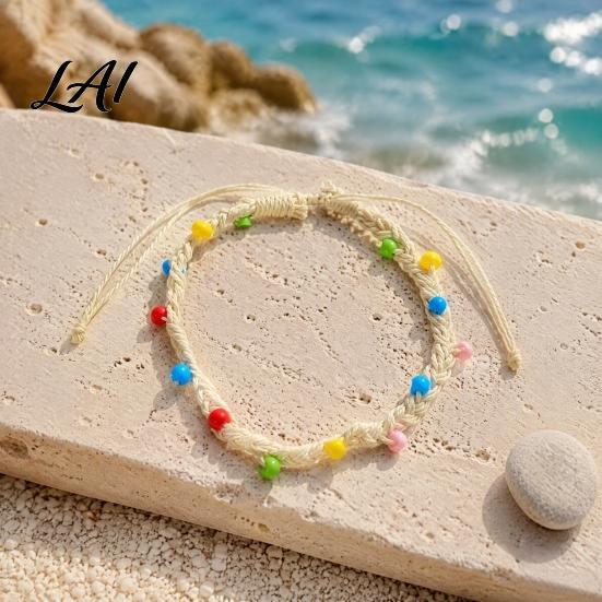 Adjustable Knot Bracelets for Girls Handmade Braided Bracelet Women Bohemian Woven Wrist Rope Durable Cord Daily Wear with Colorful Rice Beads,
