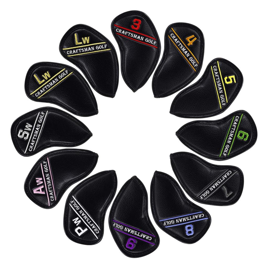 CRAFTSMAN Golf Чехол для утюга Чехол для клина Чехол для головки Цветные номера 12 штук (3-9, Пв, Ав, Сви, Лв2) Синтетическая кожа черного цвета (Бренд утюга
