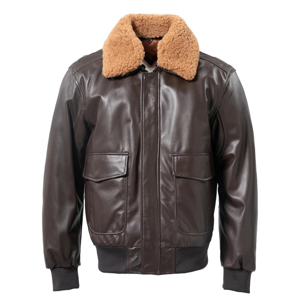 Genuine Leather Jacket Men Flight Jackets 100% Soft Thin Sheepskin Natural Fur Collar Aviator Clothing For Autumn