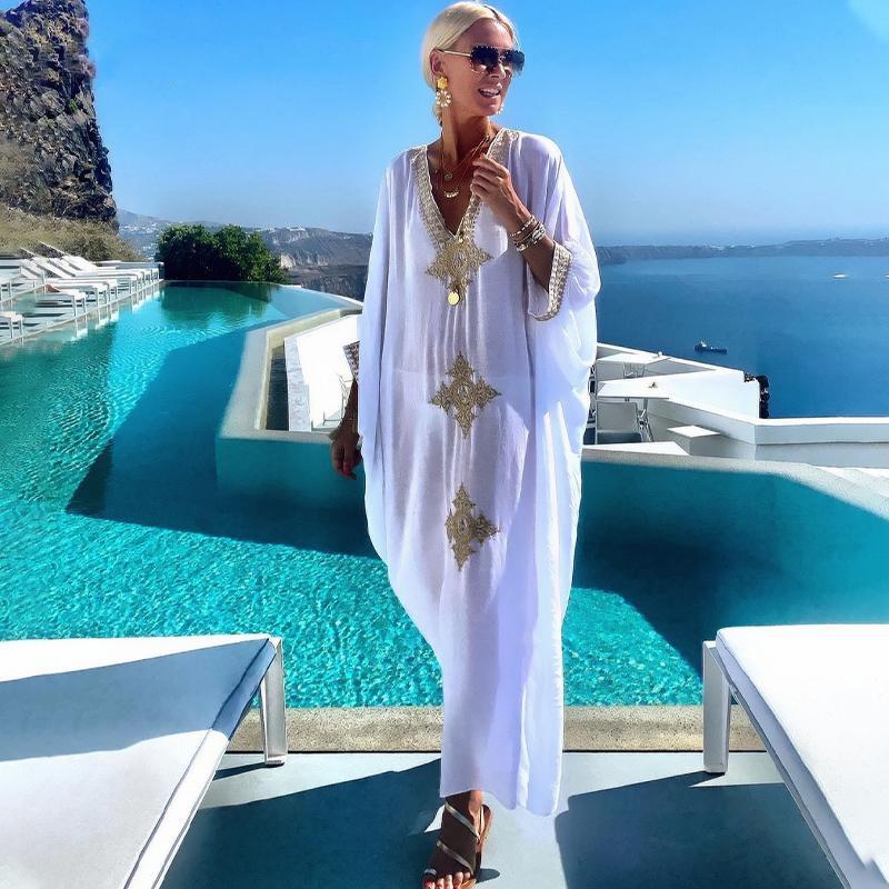 2022 элегантное золотое вышитое кафтан в стиле ретро с v-образным вырезом белое платье больших размеров женская одежда летняя пляжная одежда купальный костюм накидка