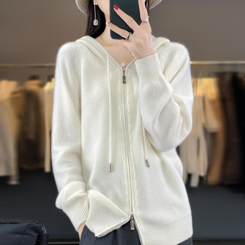 Осенний свитер-кардиган женский шерстяной худи на двойной молнии с капюшоном
