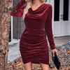Женское мини-платье с V-образным вырезом, облегающее, с плиссировкой, с длинными рукавами, с неровным подолом, однотонное, эластичное, короткое платье для клубной вечеринки на осень-весну