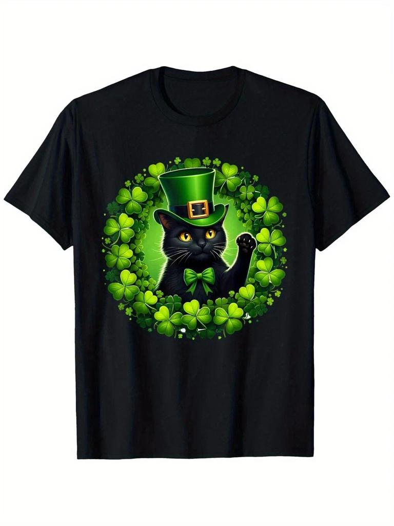 Black Cat St Patrick’s Day Shirt Lucky Shamrock Leprechaun Hat Graphic Tee