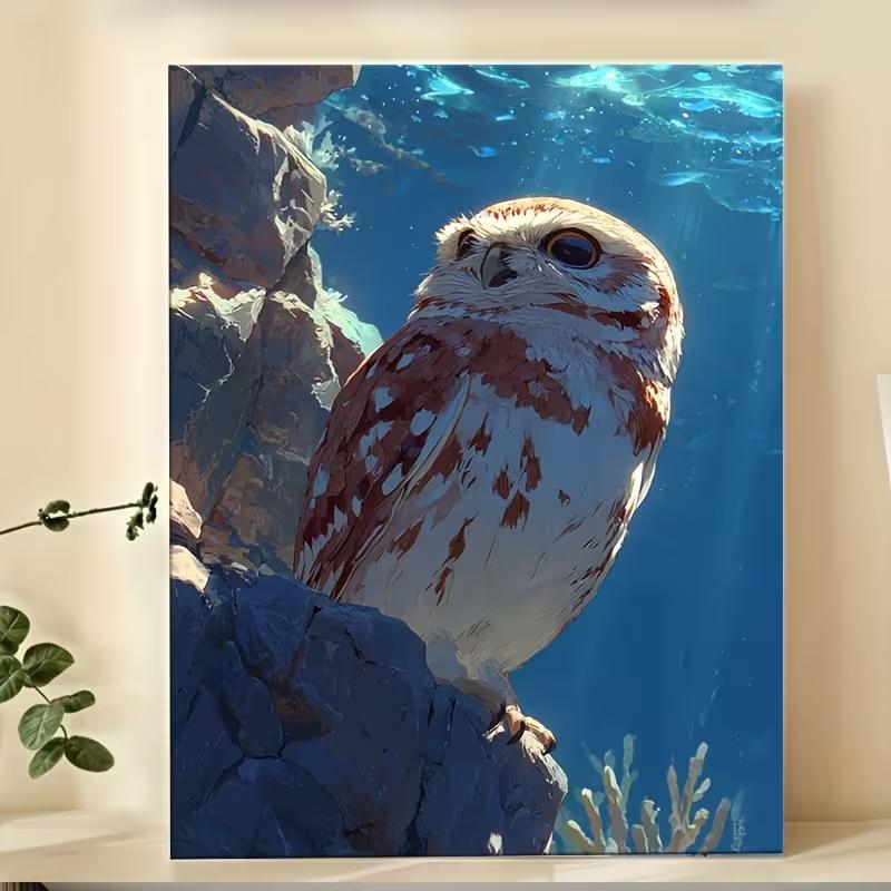 2D Flat, 1pc Modern Abstract Brown & White Owl Frameless Canvas Painting - Waterproof Christmas Wall Art