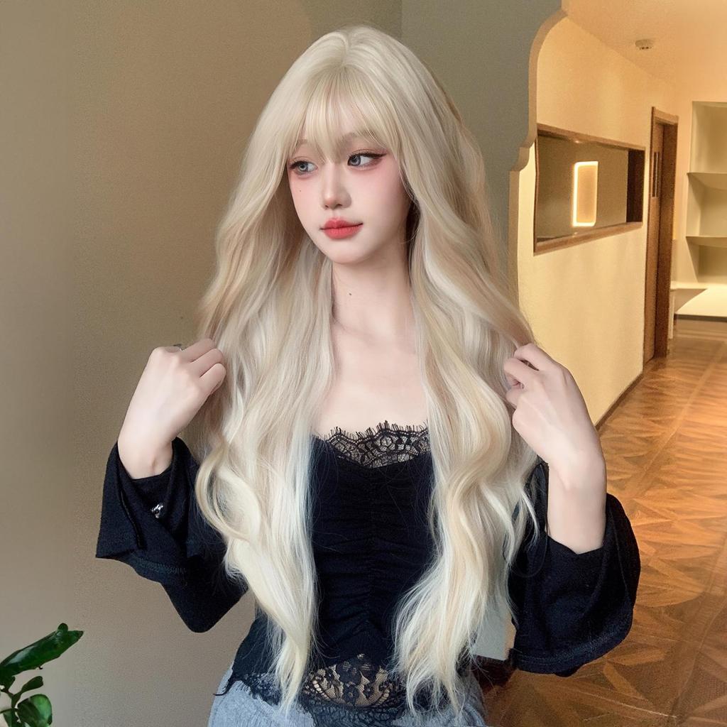 Synthetic Ombre Blonde Platinum Wigs Long Wavy Wig for Women with Bangs Party Daily Heat Resistant Fibre Hair Wigs