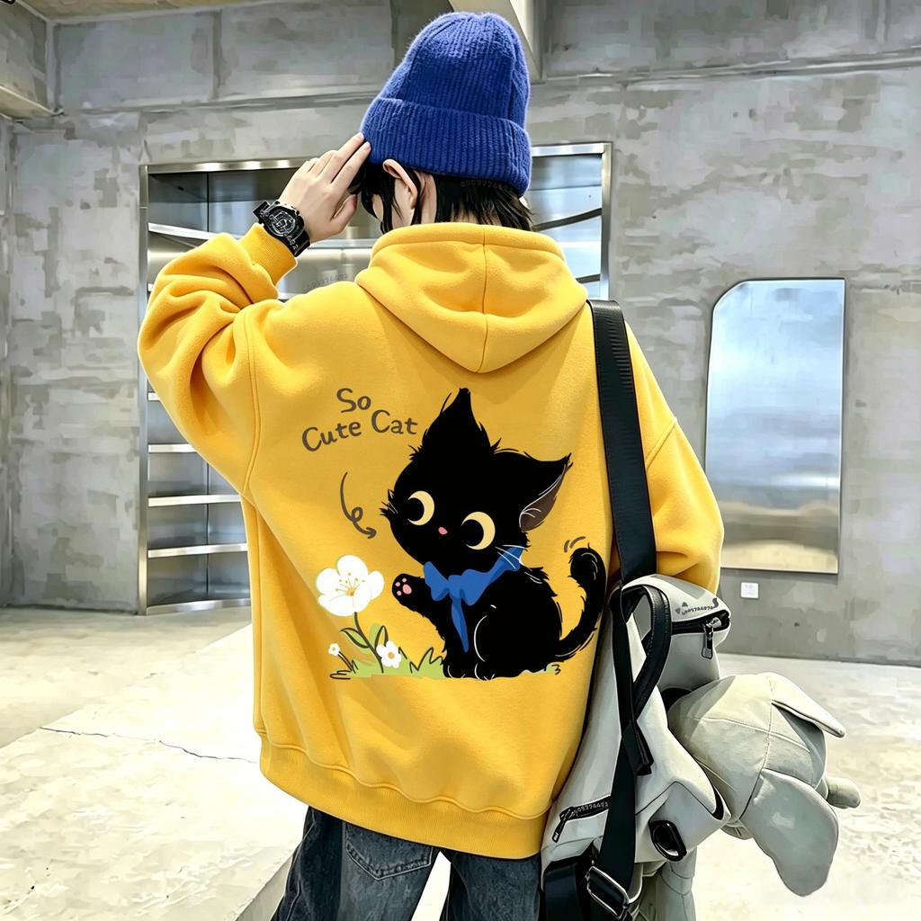 Boys' and Girls' Loose Pullover Hoodie Vintage Bestseller Black Cat Floral Pattern Printed Children's Hooded Sweatshirt