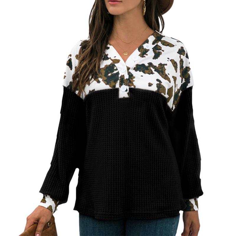 Women's Loose Top Casual Leopard Print Button Long Sleeves