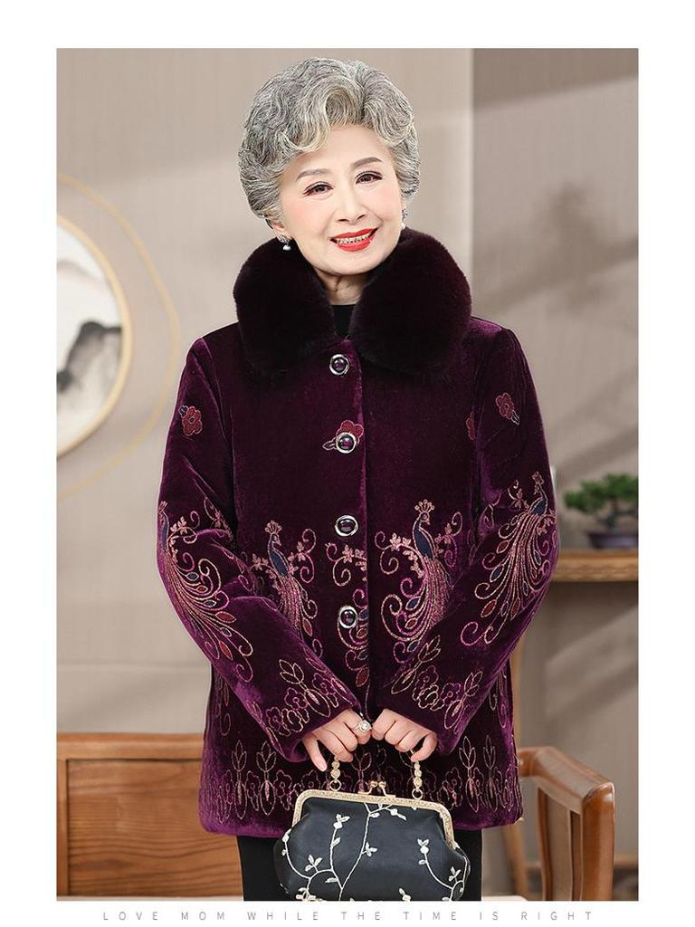 Elderly Women's Fleece-Lined Winter Coat with Fur Collar