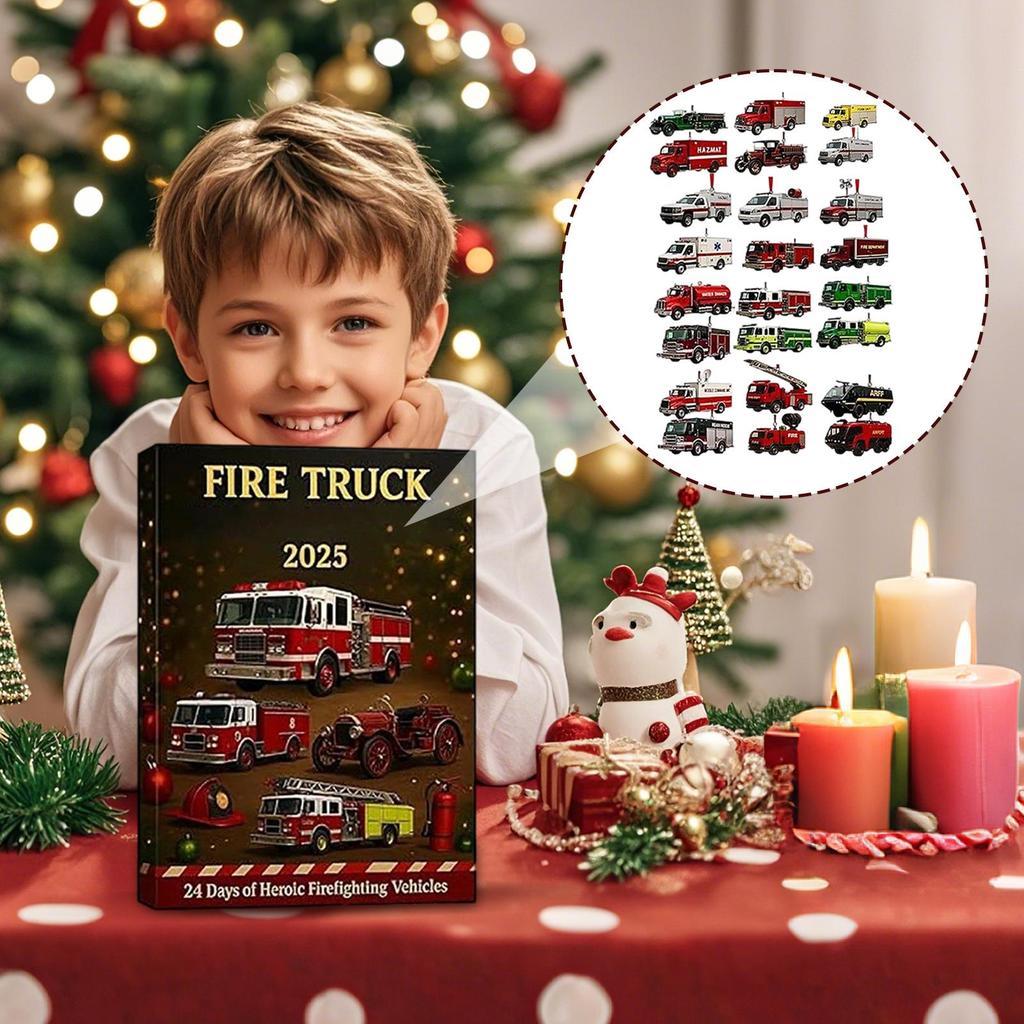 Fire Truck Advent Calendar 2025, 24 Days of Christmas Advent Calendar Boxes, 2D Flat Fire Engines, Ladder Trucks, Rescue Units, Vehicles Set Gift