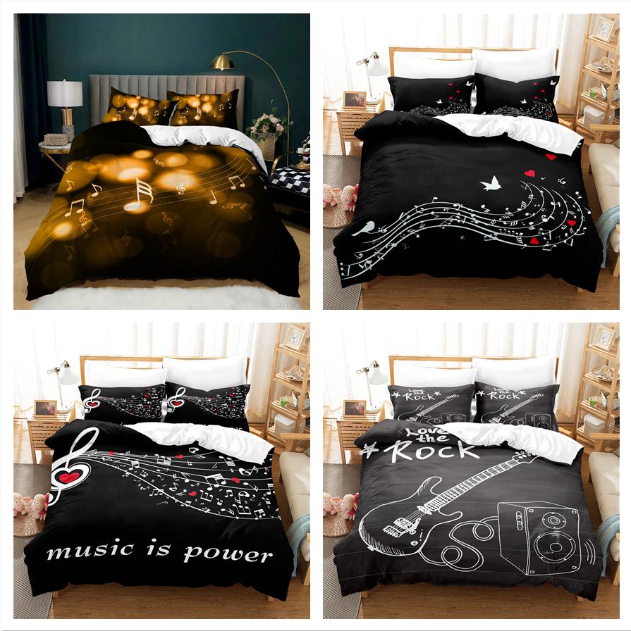 Комплект постельного белья с музыкальным принтом и черным фоном с нотами, пододеяльник, наволочка из 2 или 3 предметов, ткань из микрофибры, мягкое и удобное украшение для дома