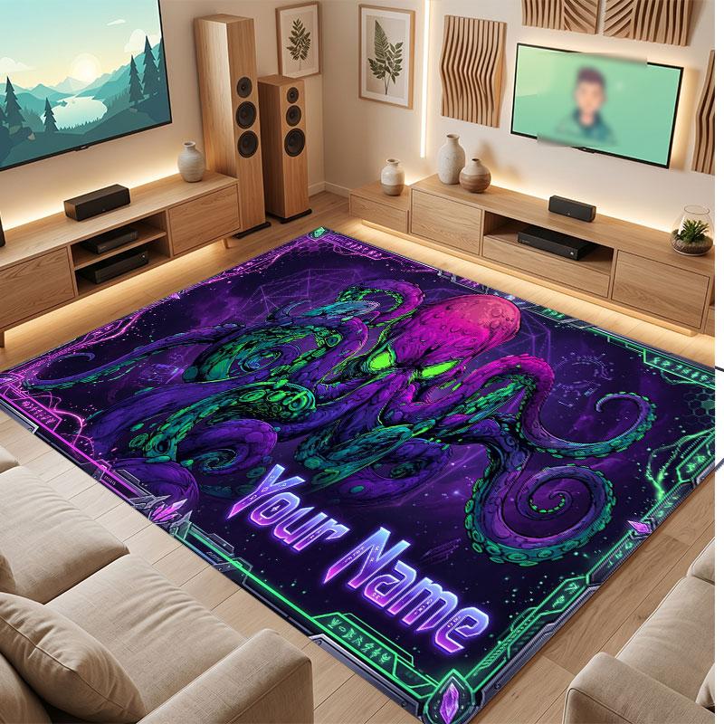 Octopus Sea Life Theme Crystal Velvet Floor Rug Personalized Custom Name Text Warm Carpet Home Decoration
