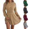 Women's Fashion Casual Twisted Knit Fitted Waist Sweater A-line Skirt Round Neck Long Sleeve Solid Color Dress