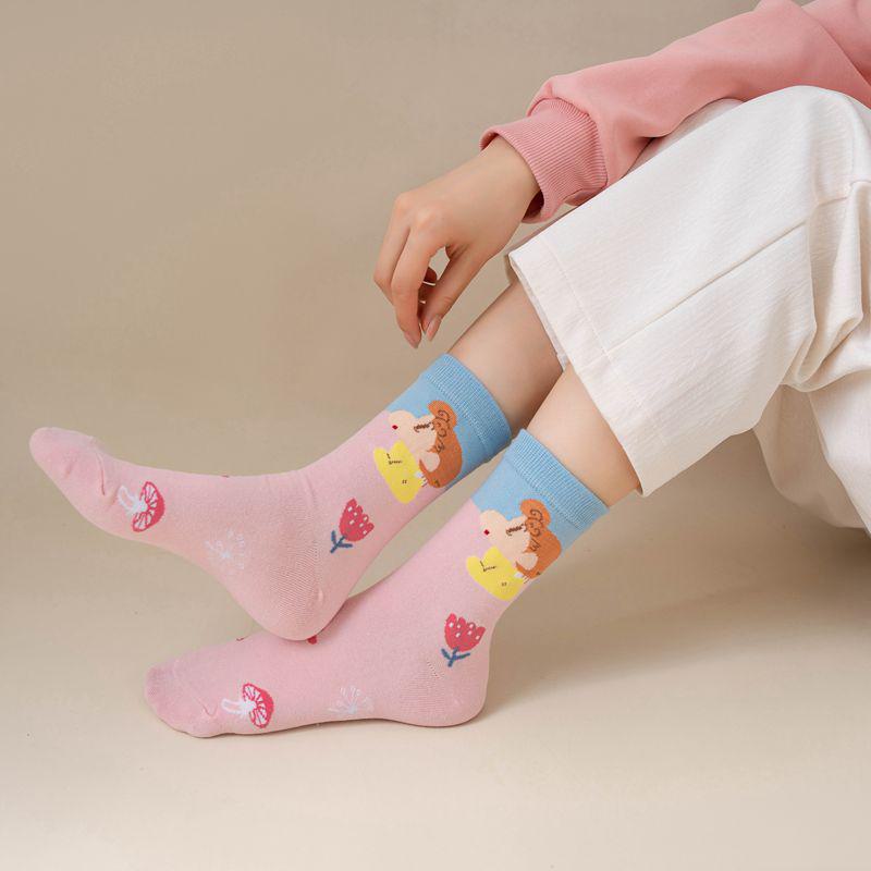 Women's Cute Anime Cartoon Combed Cotton Socks - Korean Style, Colorful Mid-Length