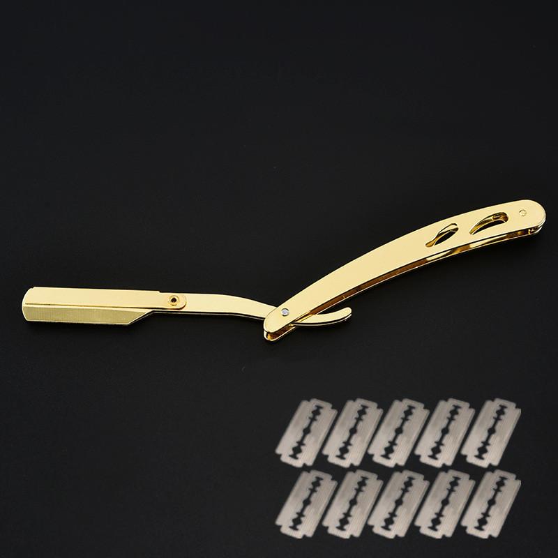 Новая модная бритва из нержавеющей стали с прямым лезвием, парикмахерская, ручная бритва для бритья, многоцветная пластиковая ручка для мужчин, 1 бритва + 10 лезвий