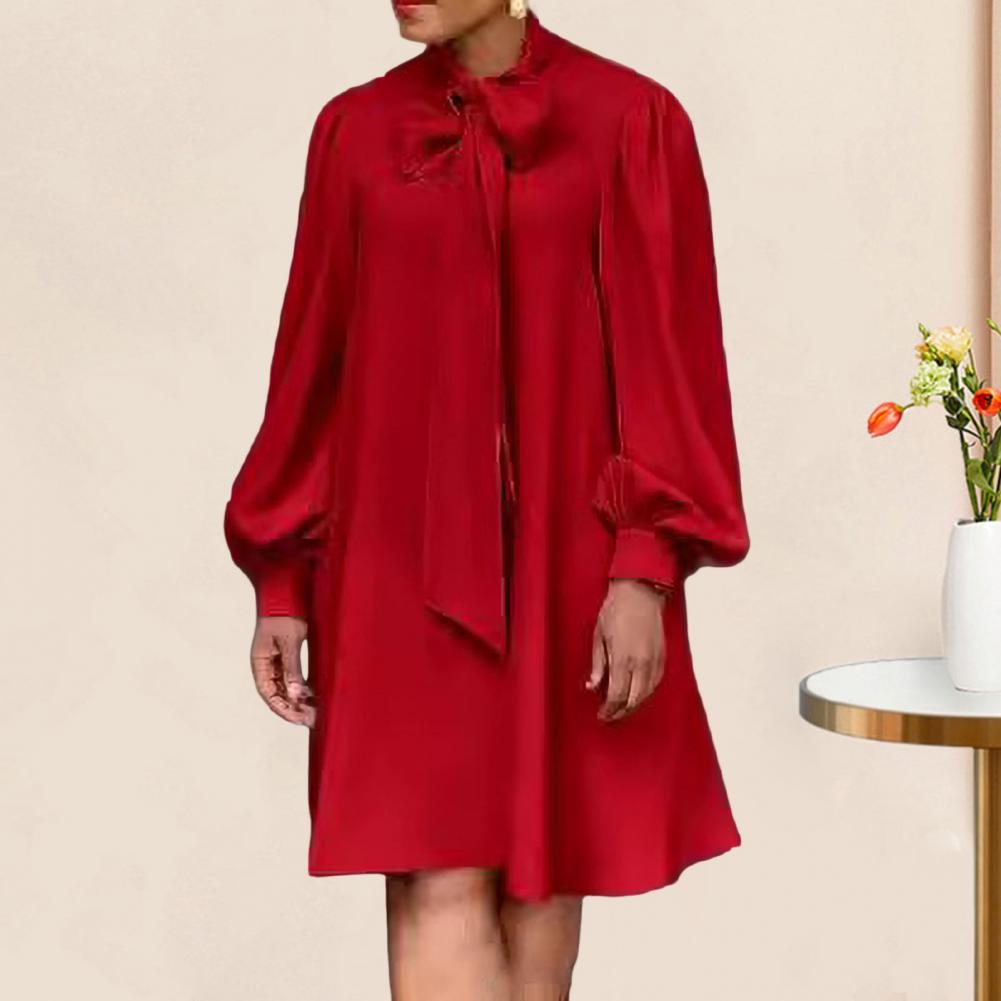 Женское платье свободного кроя Шнуровка Бант на шее Длинные рукава-фонарики Однотонное Длина до колена Формальное Для офиса Повседневное Миди-платье