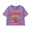 Women Cotton Crop Washed T-Shirts Hand Picked Cherries Prints Short Sleeve Distressed Tops Female Street Clothes