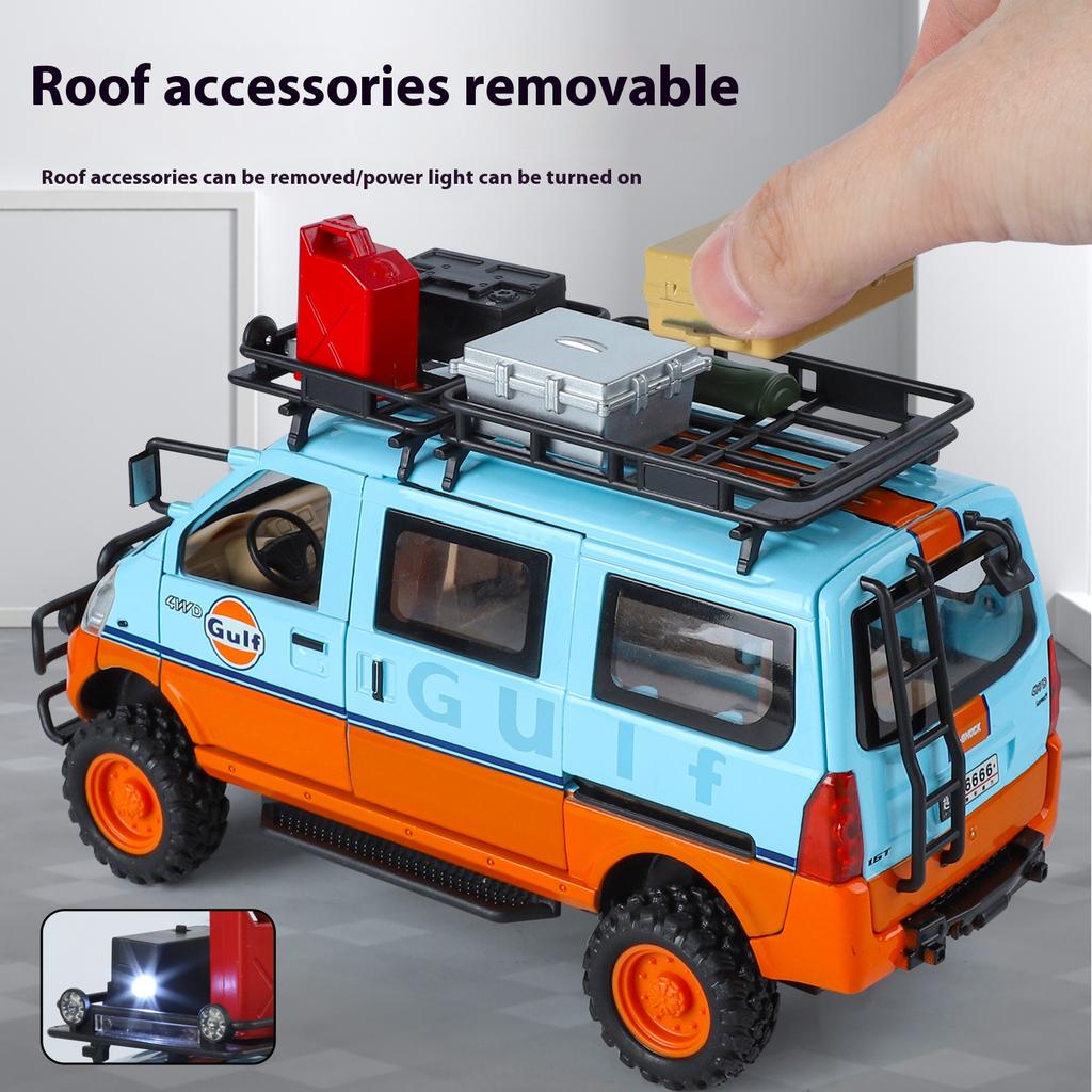 1/24 alloy die-cast VAN off-road vehicle model, simulated sound and light, children's toy car, removable accessories, boys' gift