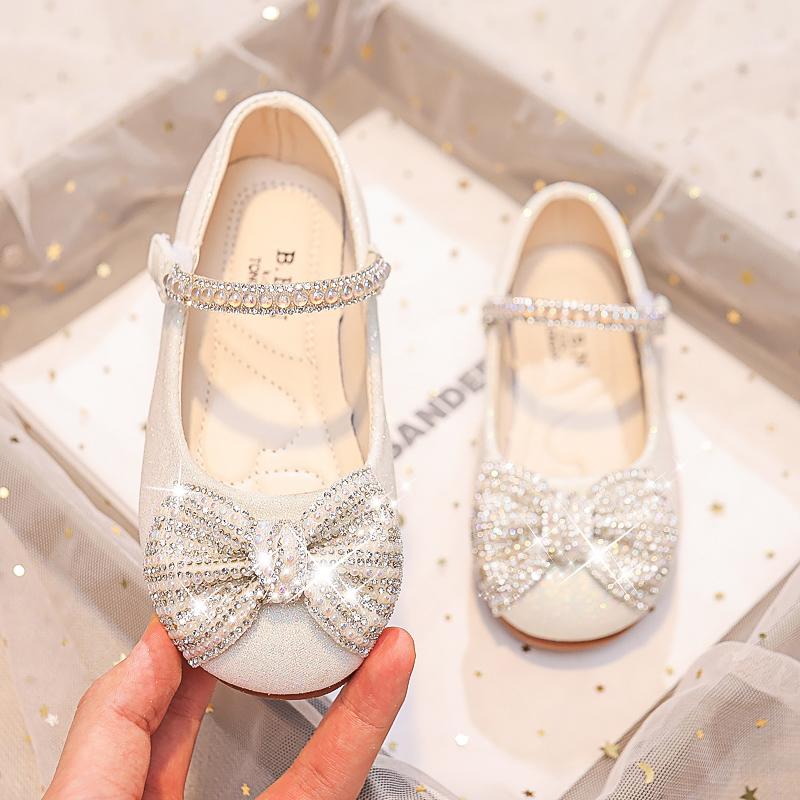 Kids Fashion Girls Mary Janes for Party Wedding New Soft Breatheable Simple Non-slip Children Casual Shoes Bow Rhinestones