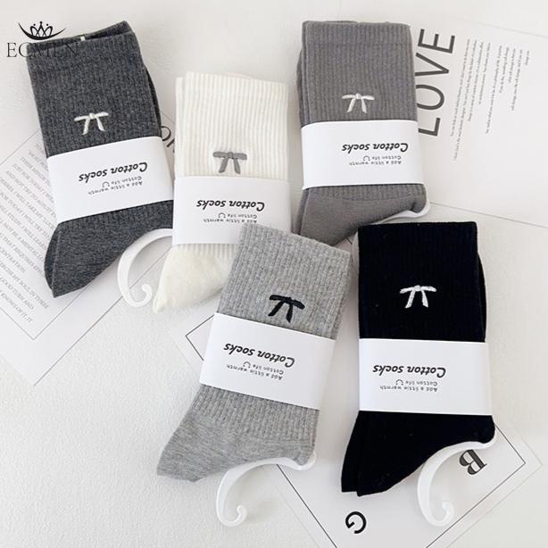 Женские носки из чистого хлопка средней длины, носки для девочек с вышитым бантом, дышащие простые носки для колледжа