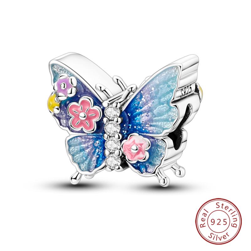 Springtime 925 Silver Sparkling Zircon Colorful Butterfly Charms Beads Fit Qikaola Bracelets DIY Birthday Jewelry Gifts