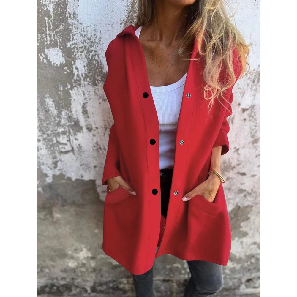 Женское пальто большого размера однотонное с капюшоном толстое на пуговицах для осени и зимы