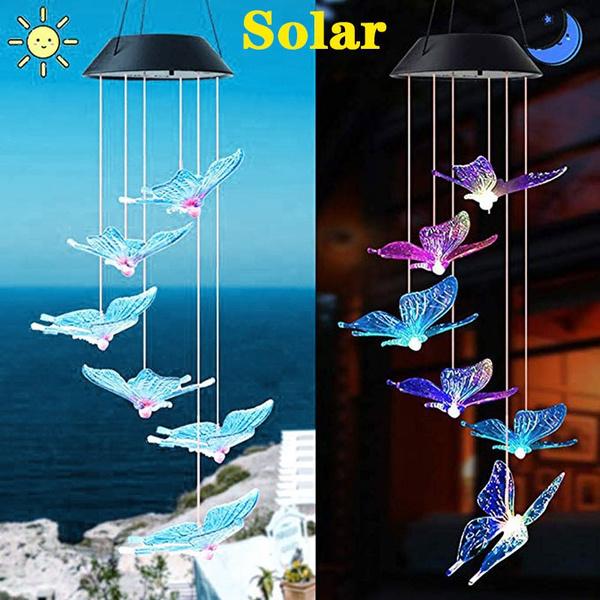 Solar Lights Outdoor Butterfly Dragonfly Hummingbird Wind Chimes Color Changing Waterproof Solar Powered Led Wind String Lights Hanging Lights