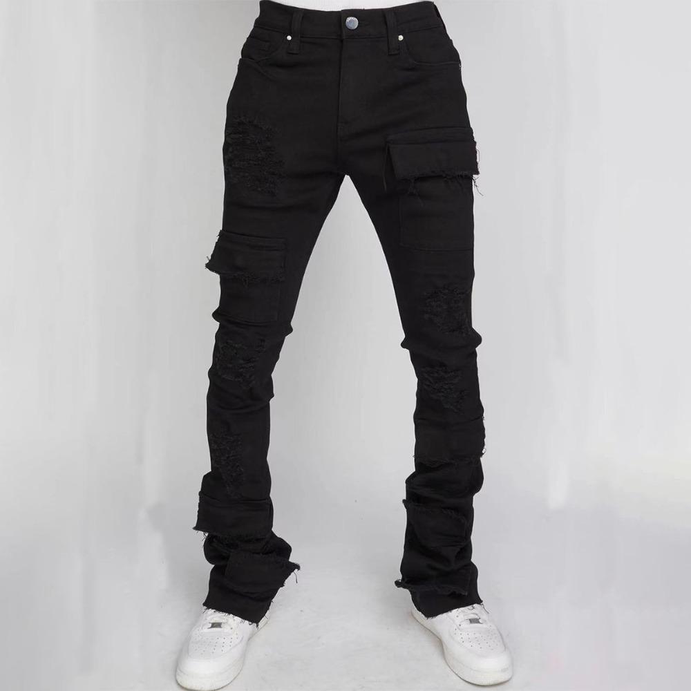 Streetwear Retro Style Men Ripped Spliced Slim Jeans Trousers Hip Hop Holes Stylish Denim Pants for Male