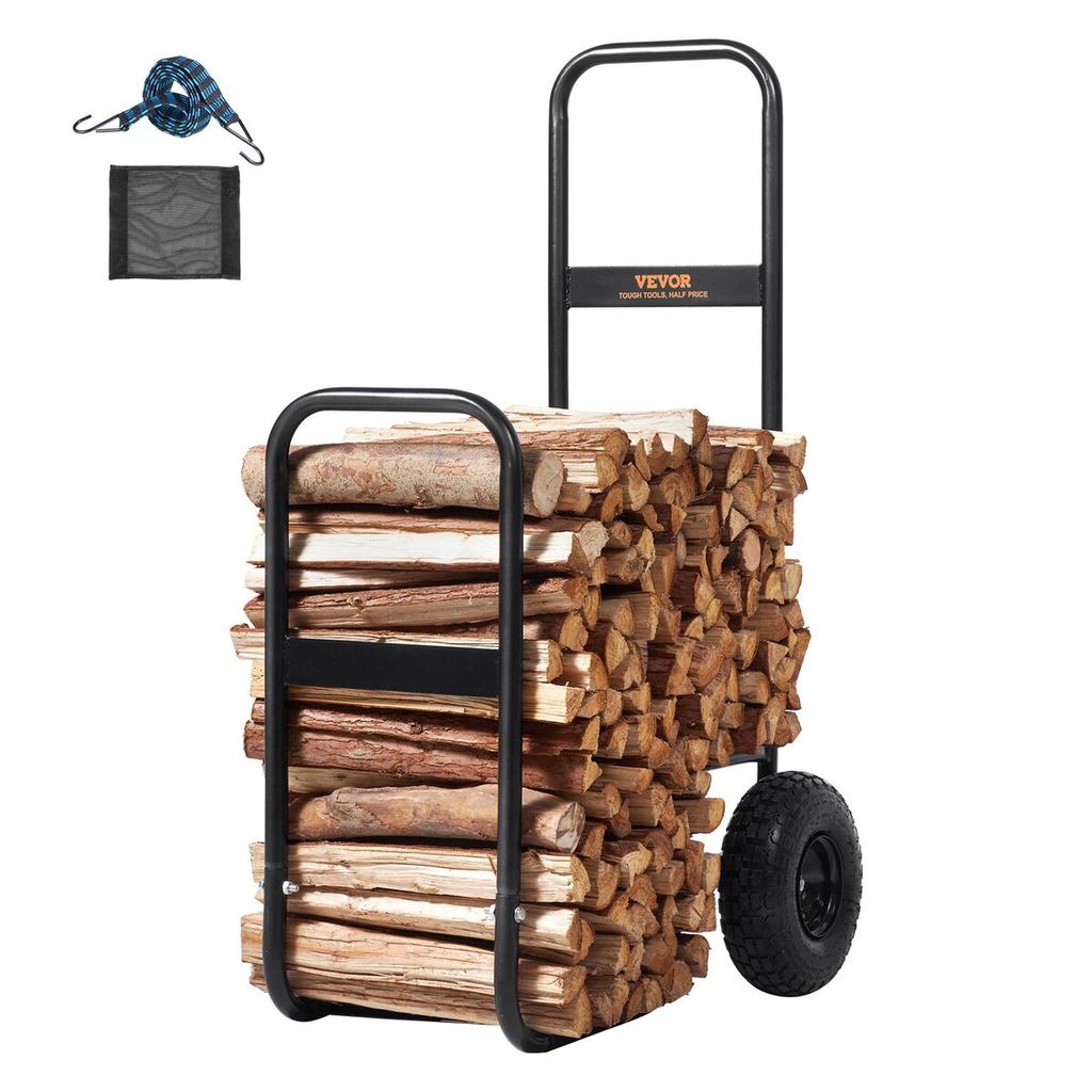 Firewood Log Cart, 113.4 kg Load Capacity, Outdoor and Indoor Wood Rack Storage Mover with Pneumatic Rubber Wheels, Heavy Duty Steel Dolly Hauler,