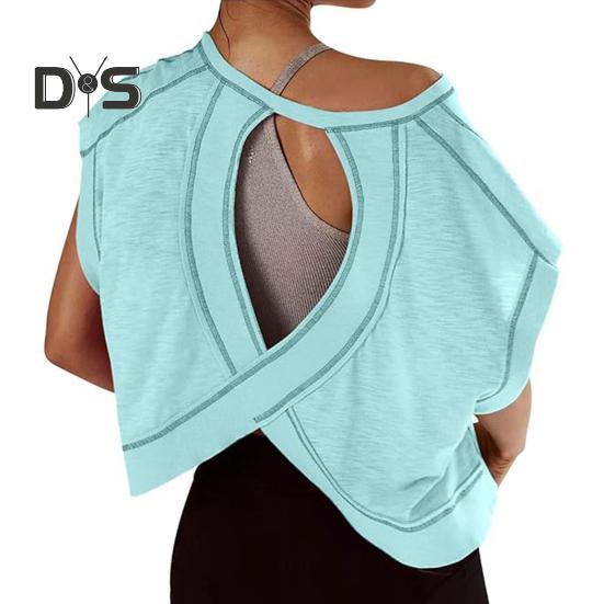 Женская футболка с круглым вырезом, коротким рукавом и открытой спиной, однотонная свободная футболка для тренировок, универсальная повседневная одежда